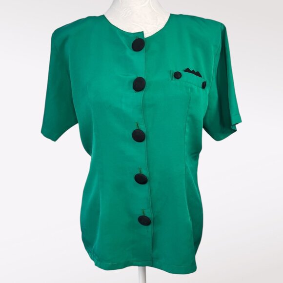 Vintage 80s Green Button Up Blouse Black Buttons Retro Short Sleeve Medium - Picture 1 of 9